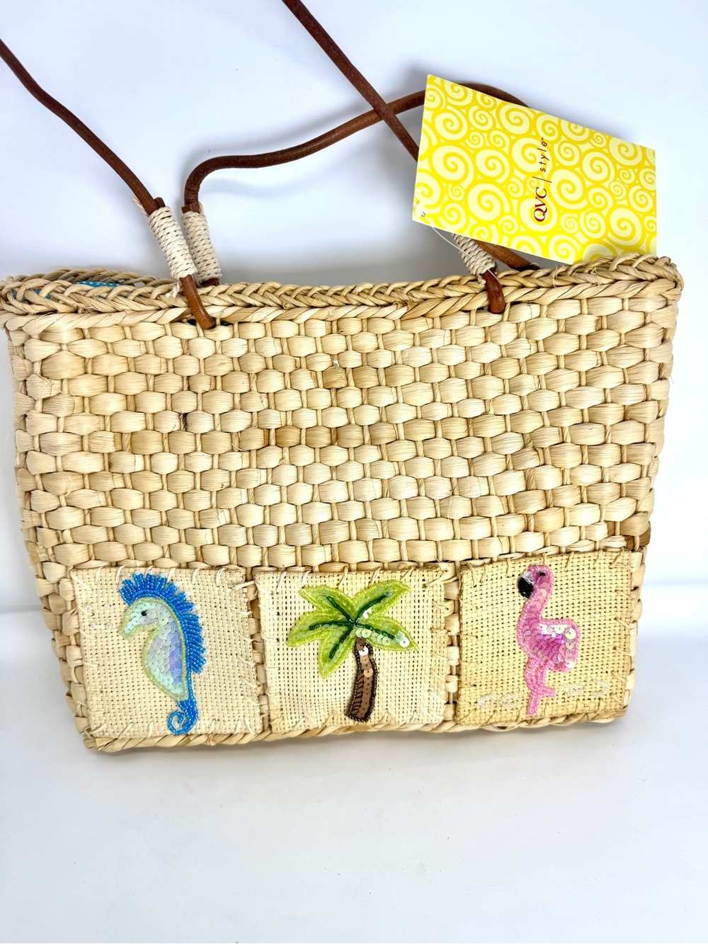 QVC Woven Straw Tote with Blue Seahorse, Green Palm & Pink Flamingo